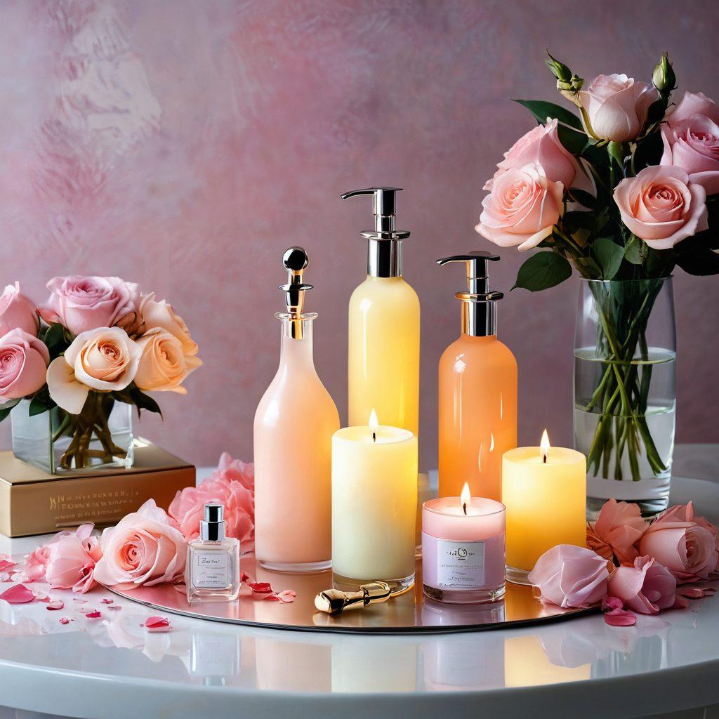 A whimsical yet sophisticated arrangement of elegant adult gifts and toys, displayed on a sleek, modern tabletop. Include items like luxurious massage oils, tasteful intimate toys, and chic novelty gifts, all surrounded by soft candlelight and rose petals to create an inviting ambiance. The scene should exude a sense of playfulness while maintaining elegance. watercolor illustration. soft pastel colors. warm lighting.