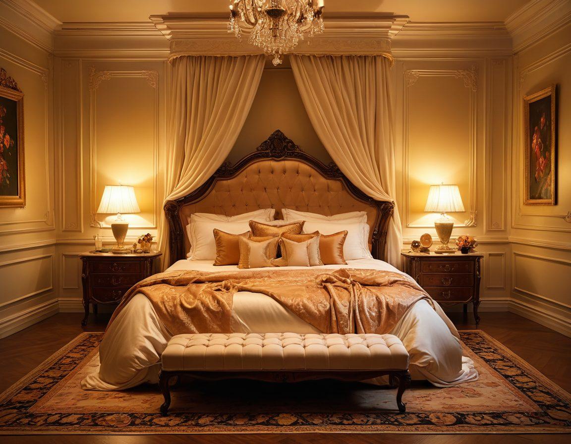 A captivating visualization of erotic art, featuring a sensual scene in a luxurious bedroom with soft candlelight illuminating the room. Include an inviting and ornate bed draped in silk sheets, surrounded by various artistic representations of adult content on the walls. The atmosphere should be warm and intimate, evoking a sense of fantasy and allure. Elegant decorative elements such as floral arrangements and plush textures will enhance the setting. super-realistic. warm tones. inviting ambiance.