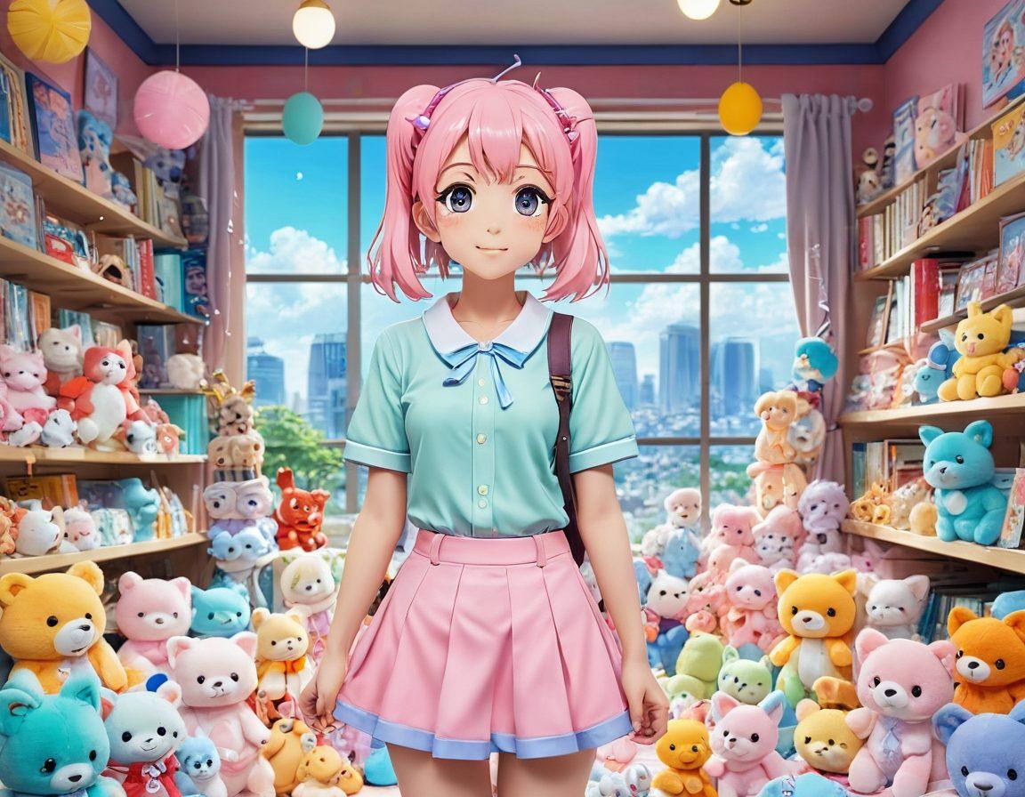 A tantalizing scene showcasing a beautifully illustrated anime character with vivid pastel colors, surrounded by an assortment of playful adult gifts like plush toys, sensuous accessories, and colorful themed merchandise. The background should be a dreamy, abstract blend of soft hues and sparkles, evoking a sense of excitement and allure. The character should exude an inviting charm, drawing the viewer in. vibrant colors. anime style.